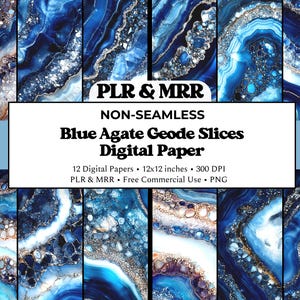May include: Digital papers featuring blue agate geode slices. The designs display various shades of blue with gold and white accents. The image text reads "Blue Agate Geode Slices Digital Paper". Each paper is 30.48cm x 30.48cm.