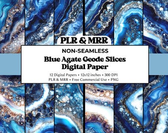 Blue Agate Slices | Geode Digital Paper | Luxury Marble Texture | Commercial Use PLR MRR