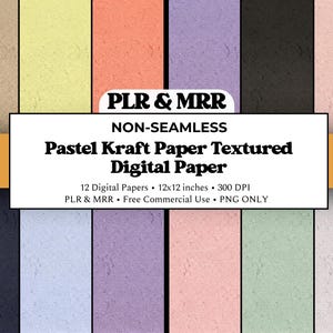 May include: A digital paper pack with twelve non-seamless pastel kraft paper textures. Each paper is 30.48 cm x 30.48 cm and has a 300 DPI resolution. The pack includes a variety of colours, including beige, yellow, orange, purple, black, and pink.