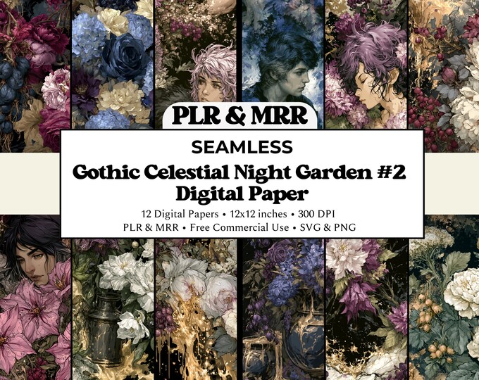 Gothic Night Garden Seamless Patterns | Celestial Dark Academia Digital Paper | Free Commercial Use PLR MRR (Digital Download)