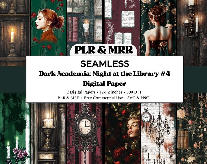 Dark Academia Seamless Patterns: Library at Midnight Collection (Digital Download) | Free Commercial Use PLR MRR
