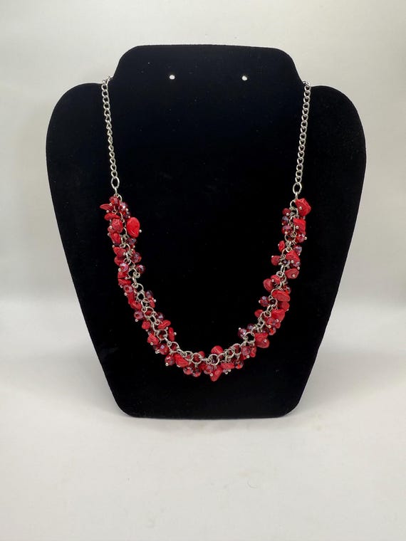 Red Beaded Cluster Statement Necklace – Bold Laye… - image 1