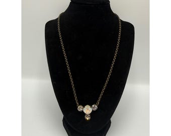 Vintage Aurora Borealis Crystal Cluster Necklace Bronze Tone Rollo Chain 22 In