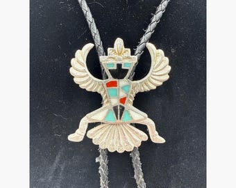 Vintage Native American Eagle Dancer Kachina Bolo Tie Inlay Stone Western Silver