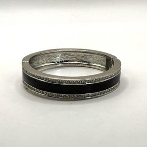 Vintage Silver Tone Black Enamel Hinged Bracelet – Bold Statement Bangle