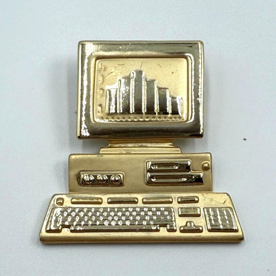 Vintage AJC Computer Desk Brooch Gold Tone Novelty Pin