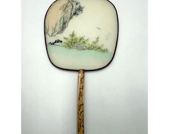 Vintage Chinese Silk Hand Fan Painted Landscape Bamboo Handle Rigid Paddle Fan