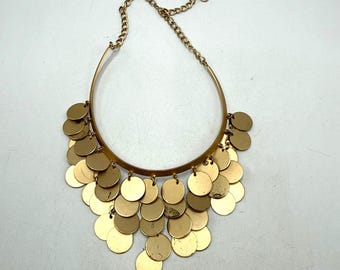Gold Tone Matte Disc Bib Necklace Rigid Collar Statement Bohemian Dangle