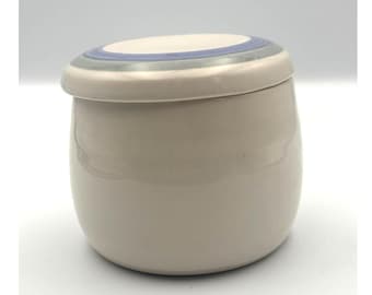Ceramic French Butter Bell Crock Cream with Blue Grey Rings Hand Painted