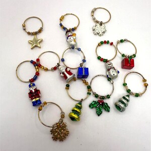 Set of 12 Christmas Wine Glass Charms Holiday Drink Markers Snowman Santa Tree