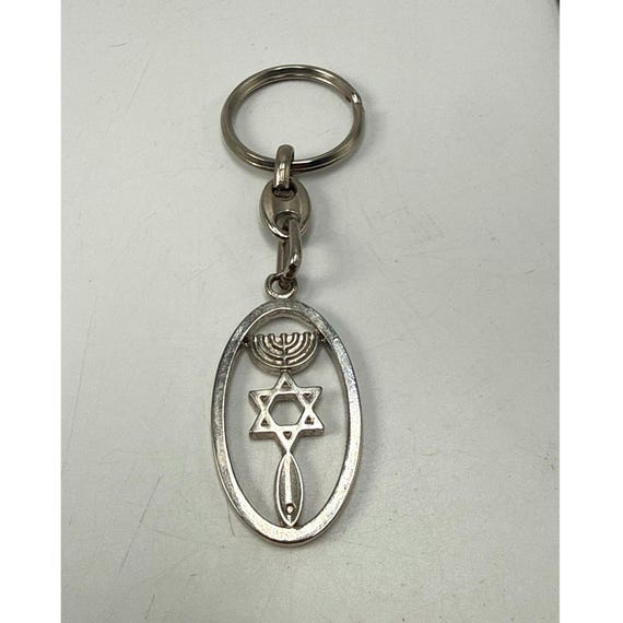 Messianic Jewish Keychain Silver Tone Menorah Star of David Fish Religious Charm