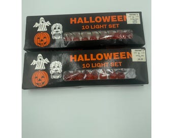 Vintage Halloween 10 Light Set Battery Operated Pumpkin Jack-O-Lantern Lot of 2