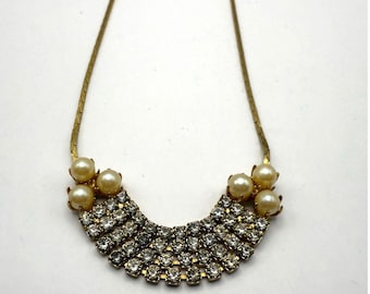 Vintage Rhinestone Bib Necklace with Pearls – Glam Statement Costume Jewelry