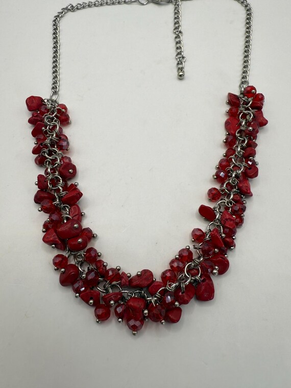 Red Beaded Cluster Statement Necklace – Bold Laye… - image 3