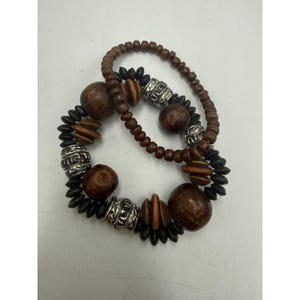 Boho Wood Bead Stretch Bracelet Set Silver Tone Tribal Stackable 2 Piece Brown