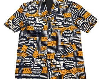 Vintage African Wax Print Short Sleeve Blazer Jacket Yellow Navy Geometric XL