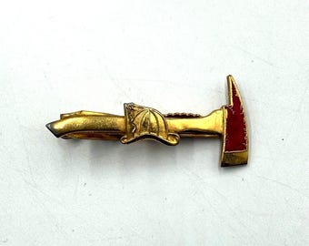 Vintage Firefighter Axe and Helmet Tie Clip Gold Tone Red Enamel Fireman Gift