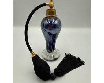 Vintage Cobalt Blue Art Glass Perfume Bottle Atomizer Pump Tassel Made in Taiwan
