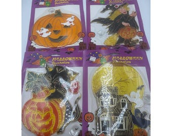 Vintage Halloween Suncatcher Window Decorations Set of 4 Witch Ghost Pumpkin Cat