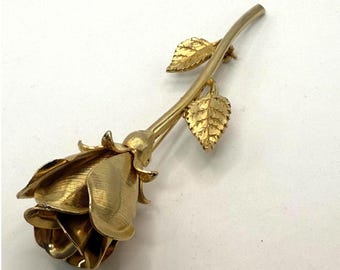 Vintage Gold Tone Rose Brooch Long Stem Floral Statement Pin