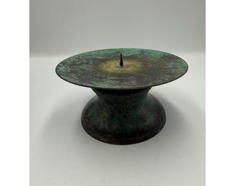 Design Junction 1998 Verdigris Patina Metal Pillar Candle Holder Brutalist 7"