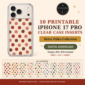 Inserts imprimables pour coque transparente iPhone 17 Pro, lot de 10 motifs rétro à pois, téléchargement numérique