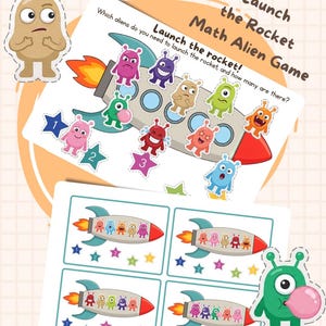 May include: A printable math game titled Launch the Rocket Math Alien Game featuring colorful cartoon aliens, rockets, and numbered stars. The activity asks Which aliens do you need to launch the rocket, and how many are there? with various alien characters.