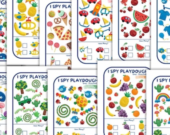 May include: A collection of ten I Spy Playdough activity sheets featuring colorful clay shapes like fruits, vehicles, animals, and nature items. Each white paper sheet includes a title, a variety of objects to find, and empty boxes for counting.