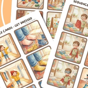以下が含まれることがあります： 屋内遊びとごっこ遊びのイラストが描かれた、3つのシーケンスカードセット。カードには、ブロックで遊んだり、絵を描いたり、着替えたり、海賊ごっこをしたりする子供たちの様子が描かれています。カードのテキストは「INDOOR PLAY」、「GET DRESSED」、「PRETEND PLAY」と書かれています。
