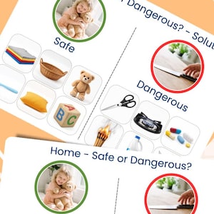 May include: Two educational activity sheets titled Home - Safe or Dangerous? and Home - Safe or Dangerous? - Solutions. The sheets feature a split layout with green circles for safe items like a teddy bear and red circles for dangerous items like a knife.