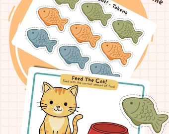 „Füttere die Katze“ – Mathe- und Sortierspiel, Vorschul-Zählspiel zum Ausdrucken, Frühförderung für Kleinkinder, Haustiere