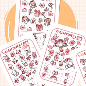 May include: Several Valentine's Day themed I Spy activity sheets. The sheets feature pink and red illustrations of hearts, cupids, gifts, and animals. Each sheet has the text "VALENTINES I SPY" and "Easy - Preschool".