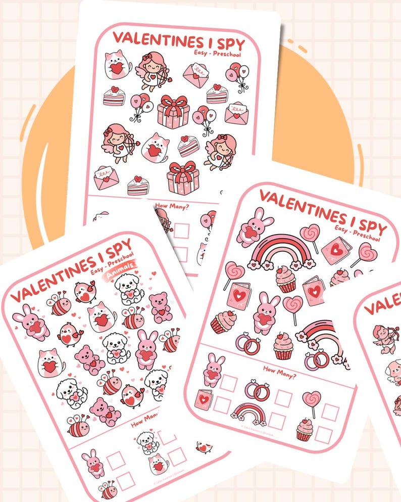 May include: Several Valentine's Day themed I Spy activity sheets. The sheets feature pink and red illustrations of hearts, cupids, gifts, and animals. Each sheet has the text "VALENTINES I SPY" and "Easy - Preschool".