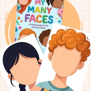 Könnte beinhalten: Ein Kinder-Aktivitätsbuch mit dem Titel "MY MANY FACES" mit farbenfrohem Text und Illustrationen. Das Buch wird von mehreren Gesichtsausschnitten begleitet. Auf dem Cover steht "A Playdough & Art Activity Book". Der Hintergrund ist hellorange.