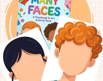 May include: A children's activity book titled "MY MANY FACES" with colorful text and illustrations. The book is accompanied by several face cutouts. The cover reads "A Playdough & Art Activity Book". The background is a light orange color.