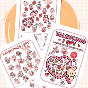 May include: Three Valentine's Day themed activity sheets. The sheets feature the text "VALENTINES I SPY" and "Easy Preschool". One sheet has food illustrations, another has angel illustrations, and the third has a heart-shaped design with a bunny.