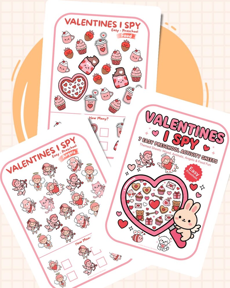 May include: Three Valentine's Day themed activity sheets. The sheets feature the text "VALENTINES I SPY" and "Easy Preschool". One sheet has food illustrations, another has angel illustrations, and the third has a heart-shaped design with a bunny.