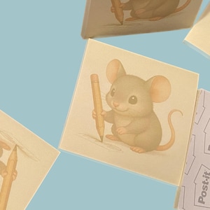 May include: Square Post-it notes with a cartoon mouse holding a pencil. The mouse is light brown with large ears and a long tail. The pencil is yellow. The background is a light blue.
