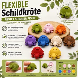 Könnte beinhalten: Eine Sammlung kleiner, mehrfarbiger Schildkröten-Fidget-Spinner-Figuren. Die Schildkröten haben drehbare Panzer und bewegliche Gliedmaßen in Grün, Rosa, Orange, Lila, Blau, Beige, Braun, Rot und Gelb. Der Text auf dem Bild umfasst FLEXIBLE SCHILDKRÖTE und FIDGET SPINNER FIGUR.