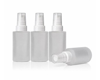 4 - 1 oz Frosted Cylinder Glass Bottles with White Smooth Treatment Pumps