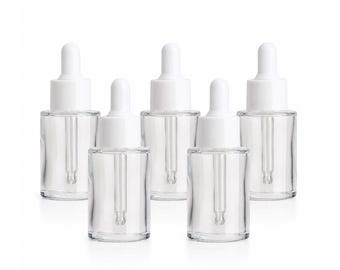5 - 1 oz Clear Cylinder Glass Bottle with White Regular Smooth Glass Bullnose Dropper