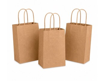 60 Pack - Kraft Natural Bags with Handles (5.11” x 3.58” x 8.66”)