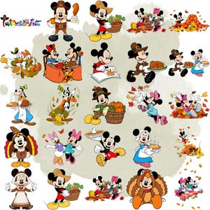 Puede incluir: Una colección de ilustraciones de personajes de Disney con Mickey Mouse, Minnie Mouse, Donald Duck, Daisy Duck y Goofy en varias escenas temáticas de Acción de Gracias, incluyendo cosecha de calabazas, comer pavo y jugar con hojas.