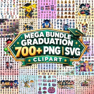 May include: A digital collection of graduation-themed clipart featuring various cartoon characters wearing caps and gowns. The central dark green emblem displays the text MEGA BUNDLE GRADUATION 700+ PNG | SVG CLIPART with a gold graduation cap icon.