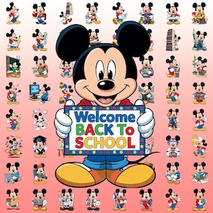 May include: A large central illustration of Mickey Mouse holding a sign that reads Welcome BACK To SCHOOL in blue, red, and yellow letters. The background is filled with a grid of smaller Mickey Mouse figures engaged in various school activities.