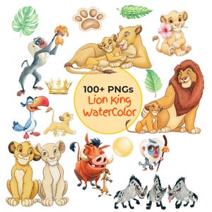 Könnte beinhalten: Eine Sammlung von Aquarellillustrationen mit Charakteren aus dem König der Löwen, darunter Löwen, ein Mandrill, ein Nashornvogel, ein Warzenschwein, ein Erdmännchen und Hyänen, mit tropischen Blättern, einem Pfotenabdruck, einer Krone und dem Text 100+ PNGs Lion King WaterColor.