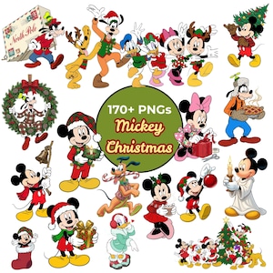 Pode incluir: Uma coleção de ilustrações digitais apresentando Mickey Mouse e amigos em várias roupas e atividades natalinas, incluindo embrulhar presentes, decorar árvores e segurar itens festivos, com o texto 170+ PNGs Mickey Christmas.