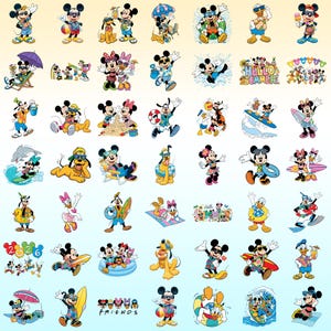 May include: A collection of colourful cartoon illustrations featuring Mickey Mouse, Minnie Mouse, Donald Duck, Daisy Duck, Goofy, and Pluto in various summer holiday activities, including surfing, swimming, and relaxing with beach accessories.