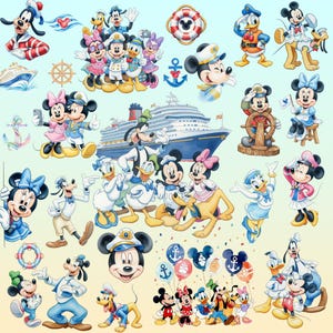Peut inclure: Une collection d'illustrations de personnages Disney incluant Mickey, Minnie, Donald, Daisy, Dingo et Pluto en tenues nautiques. Les personnages sont représentés sur un bateau de croisière, avec des ancres, des bouées et des ballons.