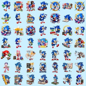 May include: A collection of stickers featuring Sonic the Hedgehog and friends in various school-themed poses, including carrying backpacks, reading books, holding pencils, and standing next to chalkboards with the text Back to School.